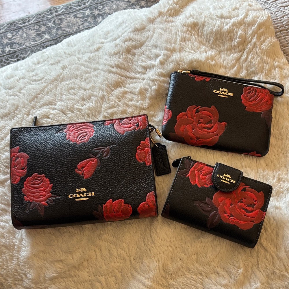 Coach Red Rose/Black Wallet Trio